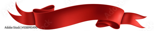 Realistic red ribbon. 3D heraldic symbol, curved corners, empty paper or silk decorative element, festive wavy elegance tape with copy space, antique flag, vector isolated illustration