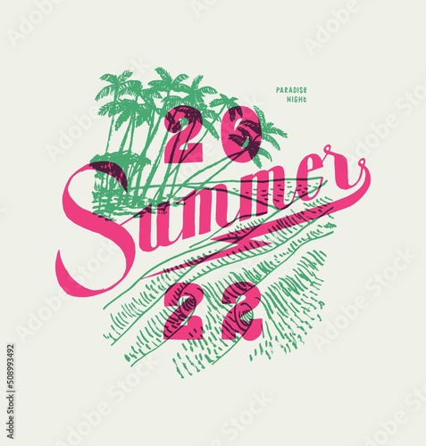 2022 summer beach silkscreen tropical paradise t-shirt print vector illustration.