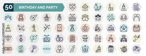 set of birthday and party web icons in outline style. thin line icons such as just married, proposal, birthday, relationship, birthday rocket, couple, genders, wedding wine, wedding letter, wedding