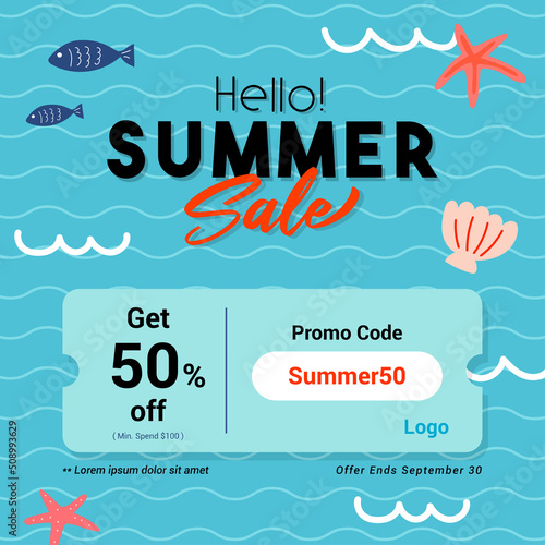 Hello! Summer sale voucher template background vector illustration. Summer promotion.