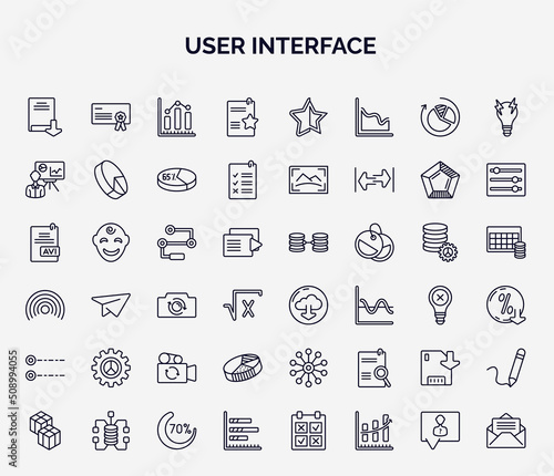 set of user interface web icons in outline style. thin line icons such as download ebook, documents with a star, person explaining data, flow chart interface, download from the cloud, user ting
