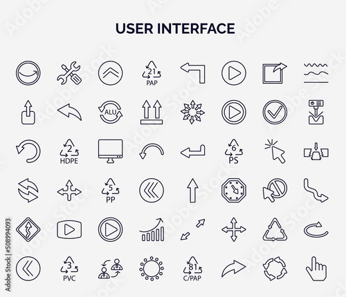 set of user interface web icons in outline style. thin line icons such as round right arrow, 21 pap, export button, display, pointing up arrow, video play, arrow heading up, recycle, selectioned photo