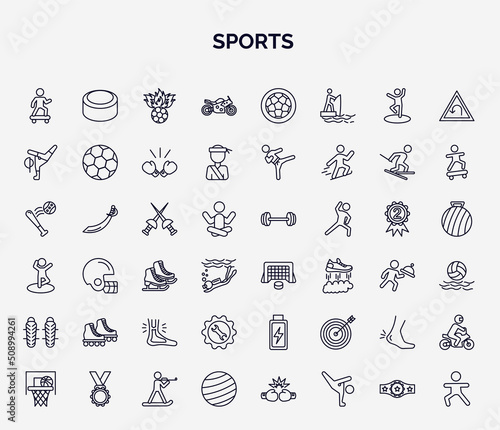 set of sports web icons in outline style. thin line icons such as skating, motor sports, breakdance, medieval fencing, hockey goal, roller skate, equipment, ankle, gym ball icon.