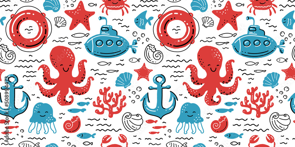 Marine seamless pattern. Nautical background. Cute cartoon vector illustration