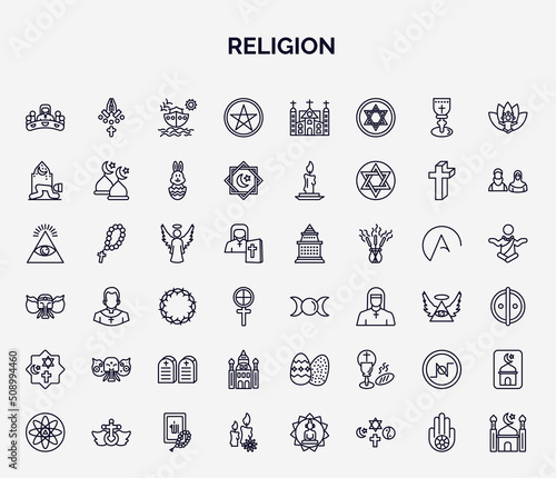 set of religion web icons in outline style. thin line icons such as last supper, pagan, prayer, angel, goddess, holy elephant, jewish, nihilism, candles icon.