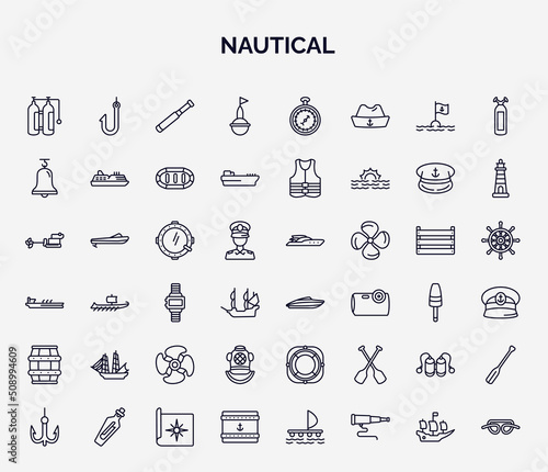 set of nautical web icons in outline style. thin line icons such as air tank, buoy, boat bell, porthole, speed boat, frigate, diving helmet, aqualung, sea package icon.