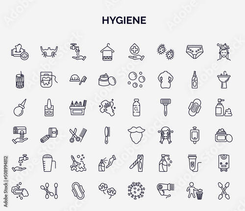 set of hygiene web icons in outline style. thin line icons such as baby wipe, face towel, toothpick, hygiene kit, beardy, detergent dose, antiseptic, electric razor, cotton icon.