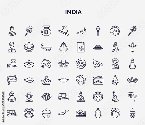 set of india web icons in outline style. thin line icons such as indian goddess, krishna janmashtami, indian man, indian elephant, krishna, indra, ricksaw, hookah, assam icon.