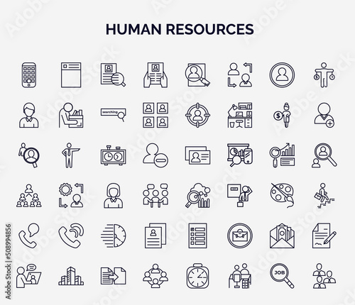 set of human resources web icons in outline style. thin line icons such as application, job application, man, chess clock, benchmarking, call, cv, salary, work team icon.