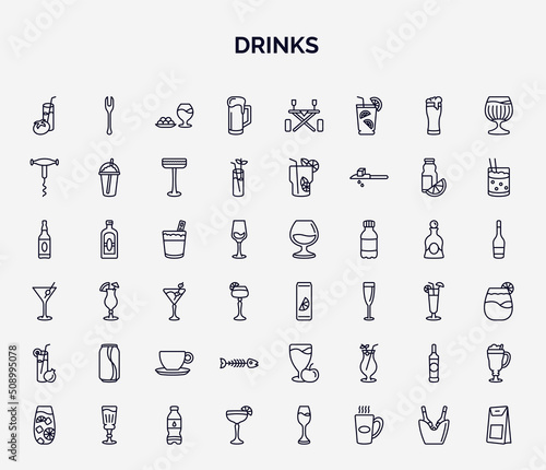 set of drinks web icons in outline style. thin line icons such as tomato juice, beer mug, sorkscrew, white russian drink, soda can, , fish skeleton, vodka, daiquiri icon.