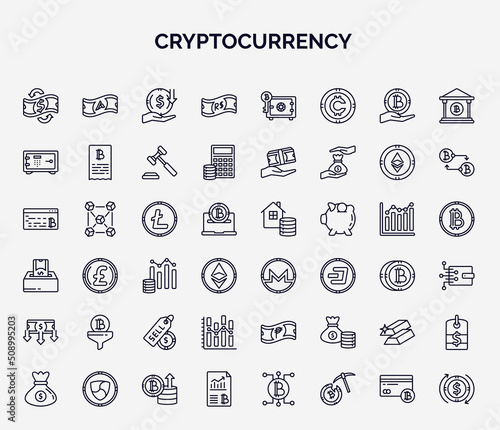 set of cryptocurrency web icons in outline style. thin line icons such as currency circulate, real, strongbox, , function, stocks, gold, crypto hash rate