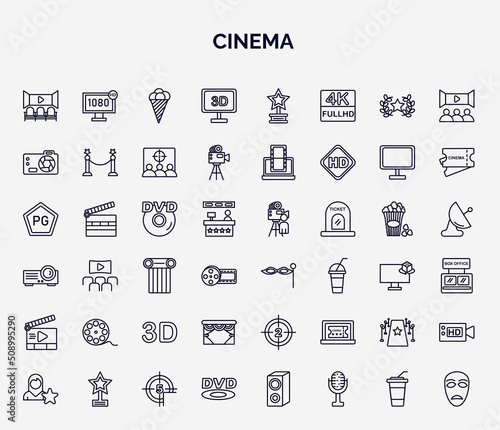 set of cinema web icons in outline style. thin line icons such as movie theatre, 3 dimension screen, dslr camera, hd dvd, small carnival mask, movie roll, cinema curtains, red carpet, dvd