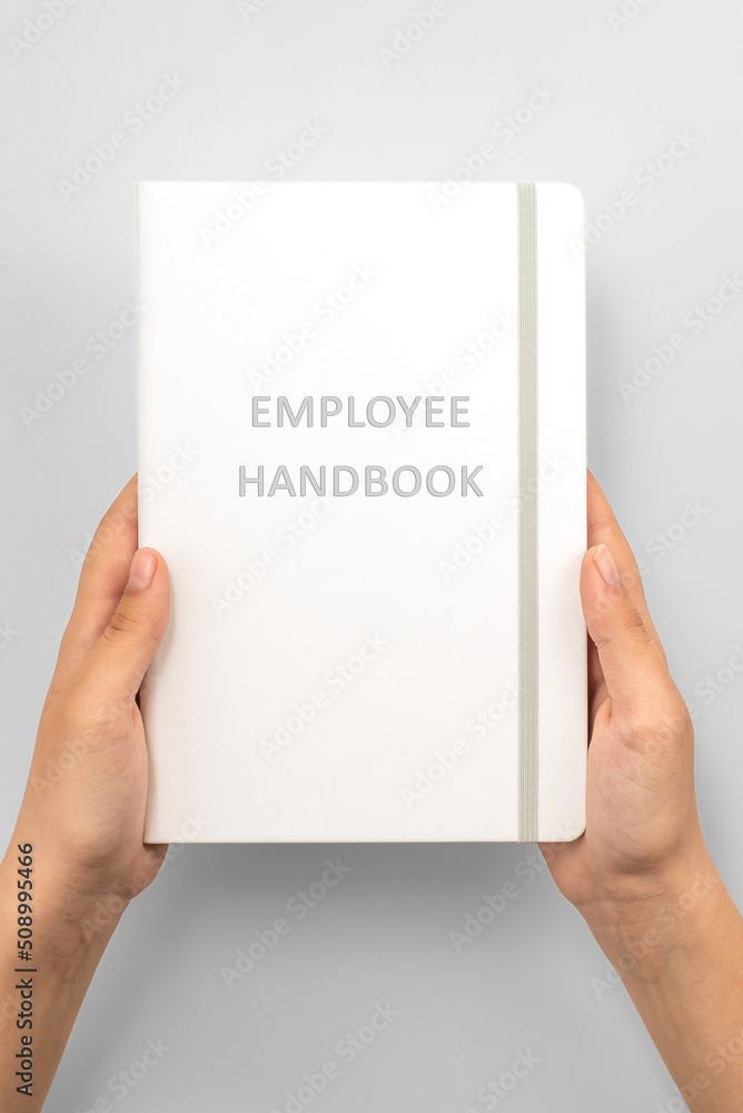 Obraz premium Female hands holding white Employee Handbookon grey background, top view