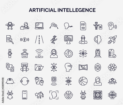 set of artificial intellegence web icons in outline style. thin line icons such as fyling vehicle, speech bubble, evaluation, infrared, oculus rift, replacement, motion sensor, personal assistant,