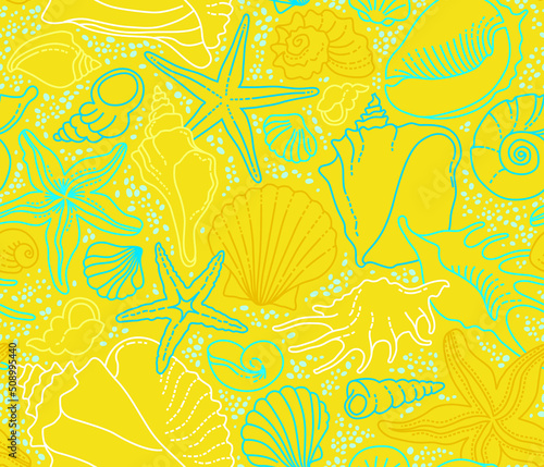 Vector seamless pattern of line art tropical sea elements, seashells. Doodles of marine life. Sea decor for scrapbook, background, wallpaper. Ocean invertebrates, sea creatures. Maritime illustration
