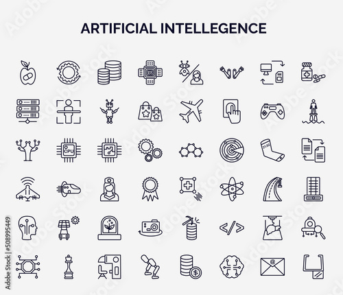 set of artificial intellegence web icons in outline style. thin line icons such as synthetic food, nano sensor, servers, chip, match moving, solar energy car, ar camera, organ printing, prosthesis,