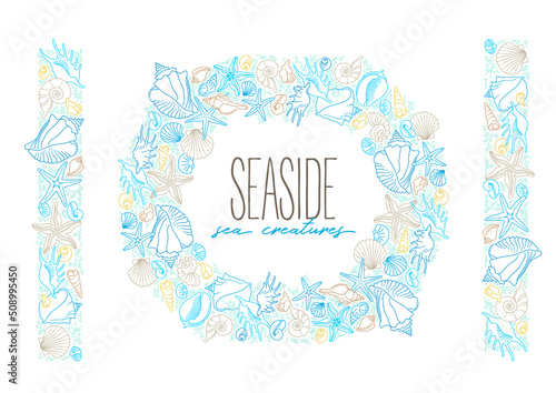 Vector circle frame, border of line art tropical sea elements, seashells, starfish. Doodles of marine life. Sea decor. Ocean invertebrates, sea creatures. Maritime illustration