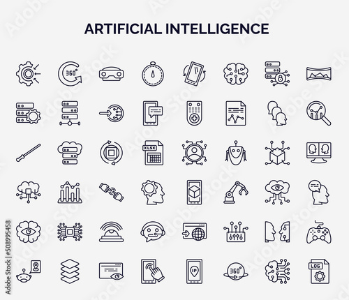set of artificial intelligence web icons in outline style. thin line icons such as goals, velocity, efficiency, rotation, ar, artificial intelligence, technical support, turing test, touch screen,
