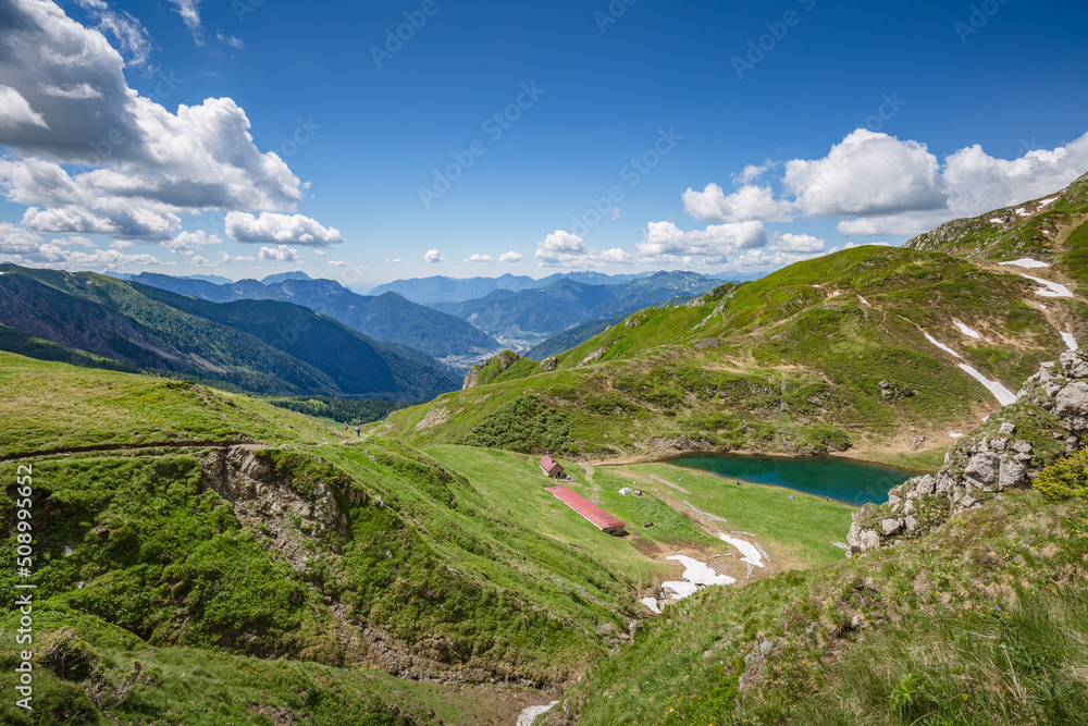 Naklejka premium Beautiful nature. Mountain hiking Trail Road. Italy Lago Avostanis Casera Pramosio Alta
