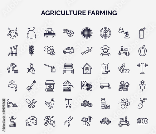 set of agriculture farming web icons in outline style. thin line icons such as ox, hay roll, chicken coop, hoe, hanging pot, farm tools, weather vane, sugar, pruners icon.