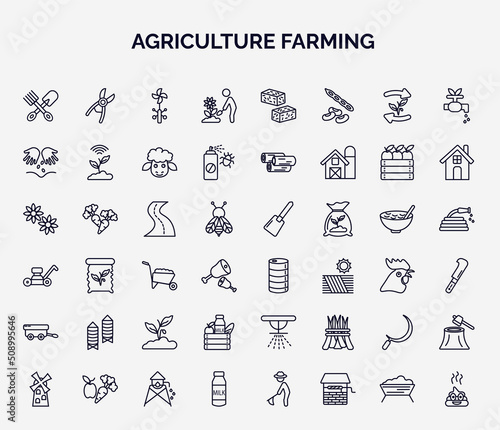 set of agriculture farming web icons in outline style. thin line icons such as pitchfork, planting, plant seeds, roak, barrell, silo, farm products, sickle, milk jar icon.