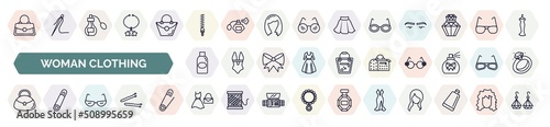 set of woman clothing icons in outline style. thin line icons such as handbag elegant, zip, glasses for eyes, bottle, fashionable hand bag, hobo shoulder bag, cat eyes glasses, feminine fashion,