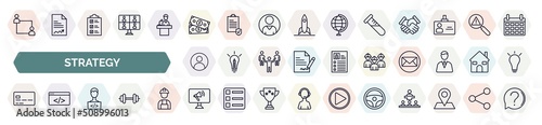 set of strategy icons in outline style. thin line icons such as coaching, money, sample, avatar, workers, card, programmer, advertising, steering wheel icon.