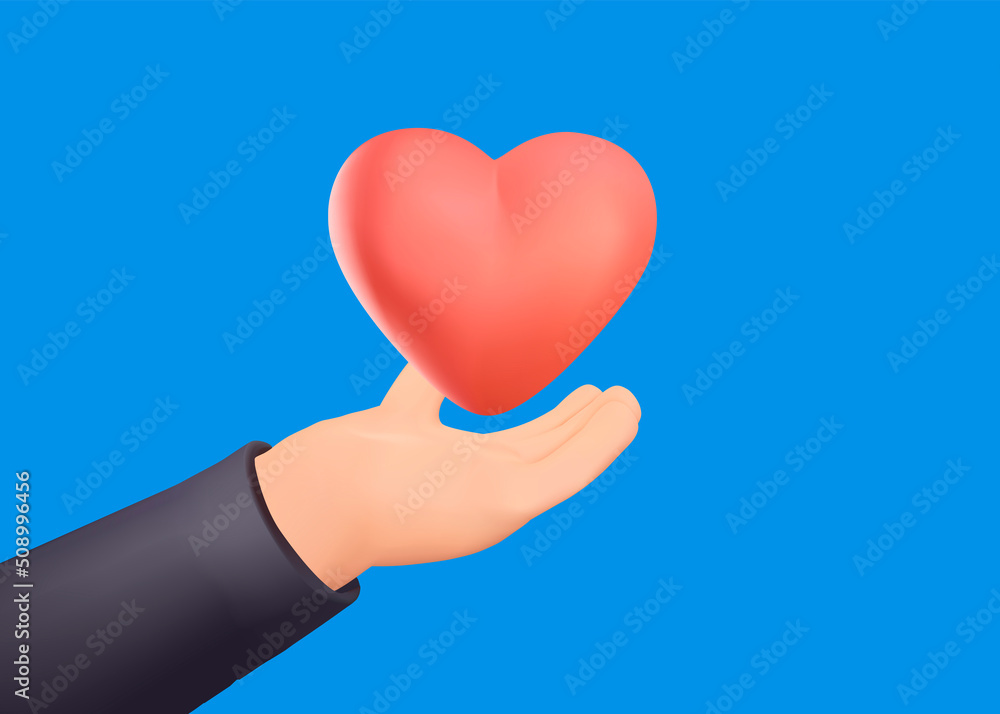 Concept of love, charity illustration. 3D red heart, like, love and share symbol. Human Hand gives to someone big red heart. People kindness. 3D Philanthropy and donation icon. Vector illustration Concept of love, charity illustration. 3D red heart, like, love and share symbol. Human Hand gives to someone big red heart. People kindness. 3D Philanthropy and donation icon. Vector illustration