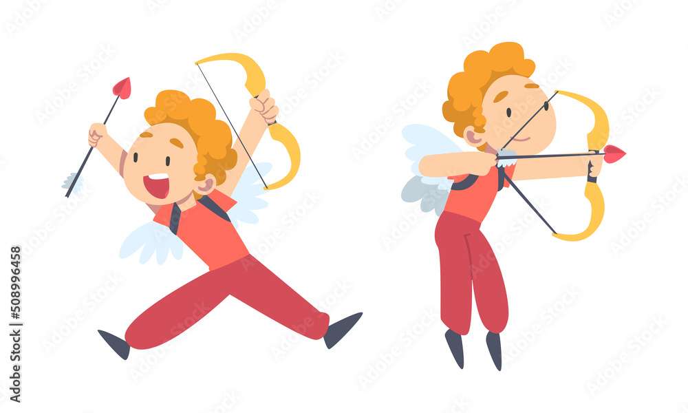 Funny Boy Cupid Character Flying with Wings Holding Bow and Arrow Vector Set Funny Boy Cupid Character Flying with Wings Holding Bow and Arrow Vector Set
