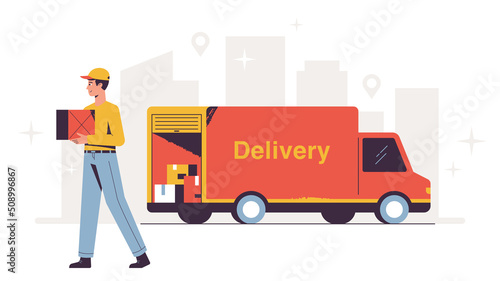 Delivery man carries box from van vector illustration. White background