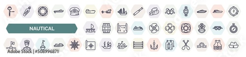 set of nautical icons in outline style. thin line icons such as boat engine, tanker ship, aqualung, wood raft, propeller, sea flag, buoy, nautical map, air tank icon.