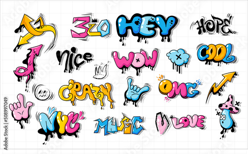 Graphic set street art with tags and 3D graffiti with effect. The art of drawing with Urban savage spray paint. A cool set of drawings of cartoon graffiti for children. Hand drawn graffiti doodle