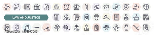 set of law and justice icons in outline style. thin line icons such as intellectual property, stenographer, police hat, criminal record, gavel, law book, , bankruptcy, roman law icon. photo