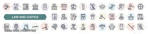 set of law and justice icons in outline style. thin line icons such as intellectual property, stenographer, police hat, criminal record, gavel, law book, , bankruptcy, roman law icon.