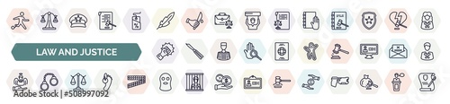 set of law and justice icons in outline style. thin line icons such as escape, feather pen, law and justice, violence, crime scene, innocent, adminstrative law, balaclava, property and finance, photo