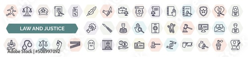 set of law and justice icons in outline style. thin line icons such as escape, feather pen, law and justice, violence, crime scene, innocent, adminstrative law, balaclava, property and finance,