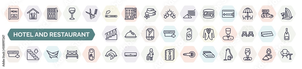 set of hotel and restaurant icons in outline style. thin line icons ...