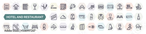 set of hotel and restaurant icons in outline style. thin line icons such as menu, smoking, sandwich, stairway, suits, check in, hammock, 24 service, towels icon.