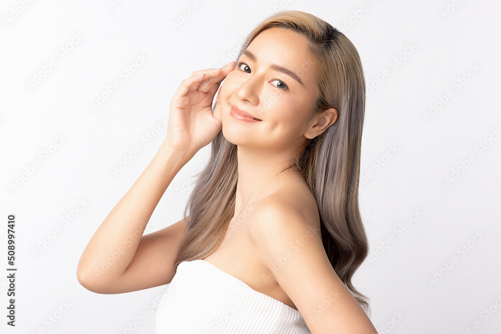 Happy beautiful young asian woman clean fresh bare skin concept. Asian girl beauty face skincare and health wellness, Facial treatment, Perfect skin, Natural make up. Isolated on white background. Happy beautiful young asian woman clean fresh bare skin concept. Asian girl beauty face skincare and health wellness, Facial treatment, Perfect skin, Natural make up. Isolated on white background.