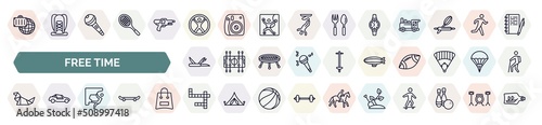 set of free time icons in outline style. thin line icons such as traveling, zorbing, watches, multitool, airship, origami, climb, crossword, gardening icon.