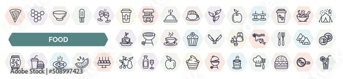set of food icons in outline style. thin line icons such as goiabinha, disposable paper cup, with leaf, pancake, japanese tea pot, treats, fish food, fruits, tea cup of japan icon.
