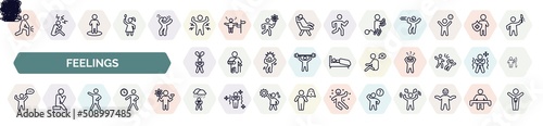 set of feelings icons in outline style. thin line icons such as sore human, ecstatic human, guilty human, heartbroken helpless amazing grateful depressed curious icon.