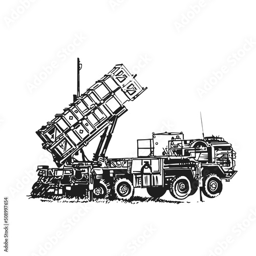Multiple launch rocket system. Military vehicle. Hand drawing.