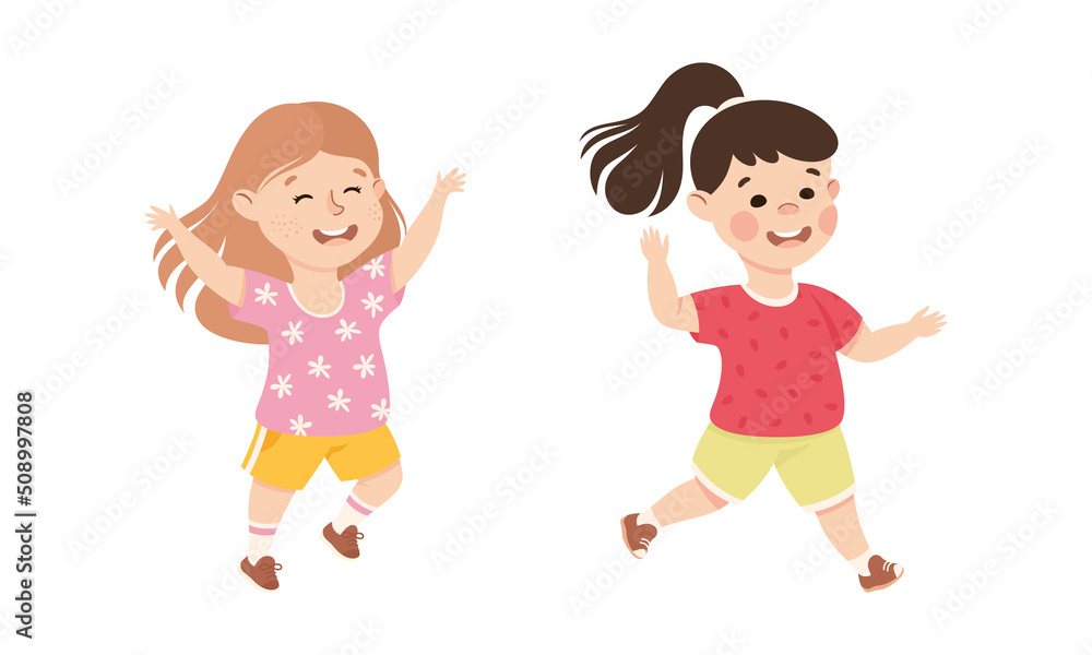 Excited Little Girl Jumping with Joy Expressing Happiness Vector Set