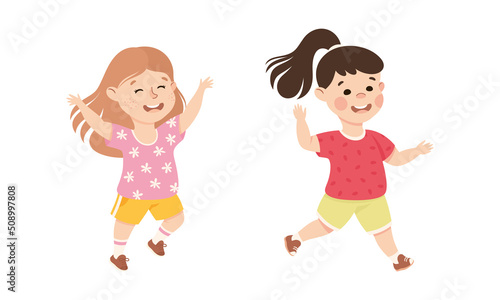 Excited Little Girl Jumping with Joy Expressing Happiness Vector Set