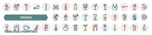 set of drinks icons in outline style. thin line icons such as french press, picnic table, tropical itch, caipirinha, soda can, glass with wine, cappuccino, brandy, tequila sunrise icon.