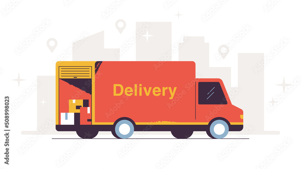 Delivery truck van service car with open trunk vector illustration. White background