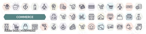 set of commerce icons in outline style. thin line icons such as online store cart, house badge, take out from the cart, bag business card, graph frame, hourglass countdown, tote bag, eco label,