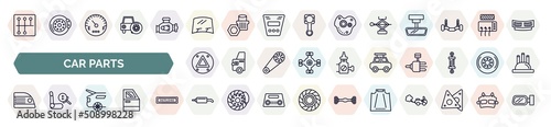 set of car parts icons in outline style. thin line icons such as car gearbox, car windscreen, jack, hazard lights, roof, brake light, boot, silencer, bonnet icon.