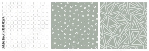 Scandi seamless pattern set in neutral sage green and white colors. 